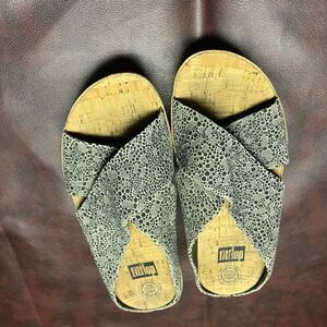 FitFlop F Mide black cross slides with cork platform sole, size 9